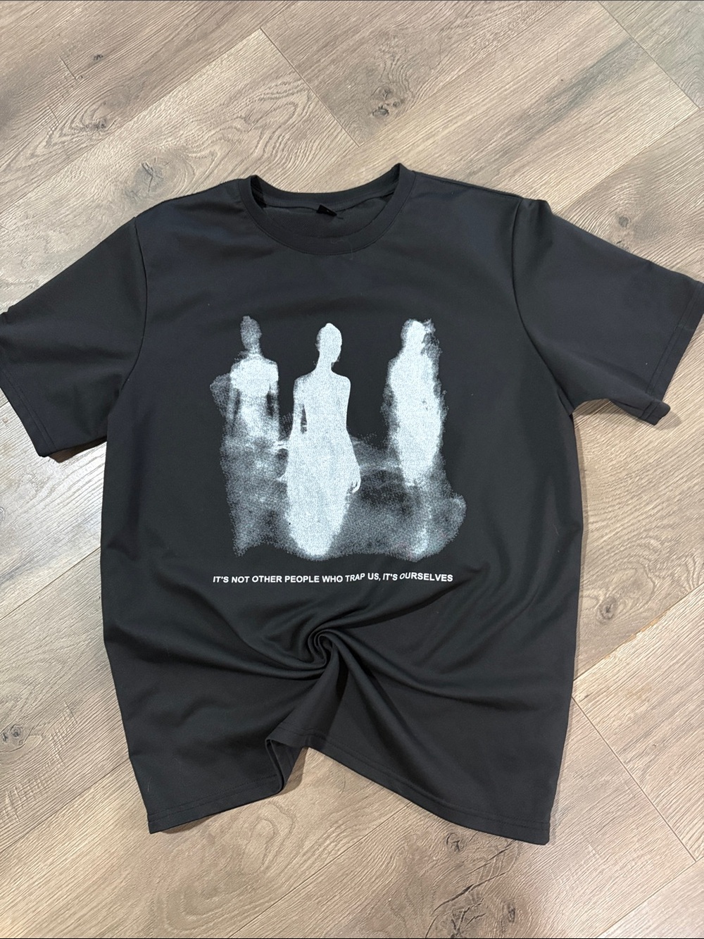 Black Short-Sleeve Graphic Crewneck T-Shirt with White Silhouette Print